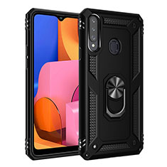 Silicone Matte Finish and Plastic Back Cover Case with Magnetic Finger Ring Stand S01 for Samsung Galaxy A20s Black