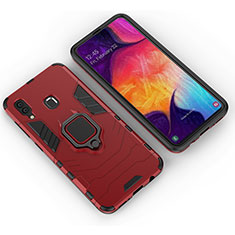 Silicone Matte Finish and Plastic Back Cover Case with Magnetic Finger Ring Stand S01 for Samsung Galaxy A30 Red