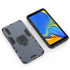 Silicone Matte Finish and Plastic Back Cover Case with Magnetic Finger Ring Stand S01 for Samsung Galaxy A7 (2018) A750 Blue