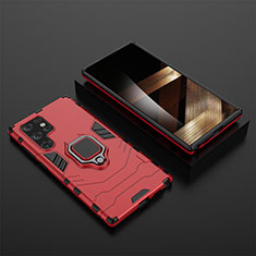 Silicone Matte Finish and Plastic Back Cover Case with Magnetic Finger Ring Stand S01 for Samsung Galaxy S24 Ultra 5G Red