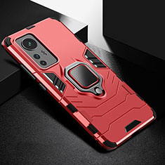 Silicone Matte Finish and Plastic Back Cover Case with Magnetic Finger Ring Stand S01 for Xiaomi Mi 12S 5G Red