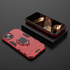 Silicone Matte Finish and Plastic Back Cover Case with Magnetic Finger Ring Stand S02 for Apple iPhone 15 Red