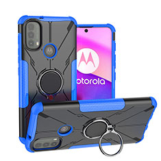 Silicone Matte Finish and Plastic Back Cover Case with Magnetic Finger Ring Stand S02 for Motorola Moto E40 Blue