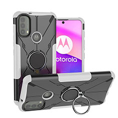 Silicone Matte Finish and Plastic Back Cover Case with Magnetic Finger Ring Stand S02 for Motorola Moto E40 White