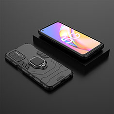 Silicone Matte Finish and Plastic Back Cover Case with Magnetic Finger Ring Stand S02 for Oppo A74 5G Black