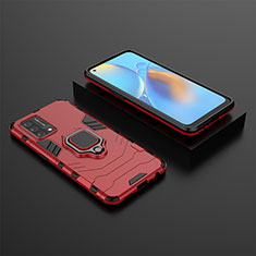 Silicone Matte Finish and Plastic Back Cover Case with Magnetic Finger Ring Stand S02 for Oppo Reno6 Lite Red