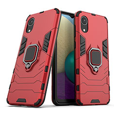 Silicone Matte Finish and Plastic Back Cover Case with Magnetic Finger Ring Stand S02 for Samsung Galaxy A03 Core Red