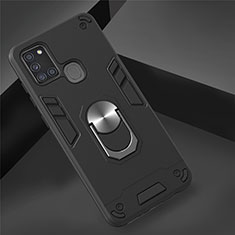 Silicone Matte Finish and Plastic Back Cover Case with Magnetic Finger Ring Stand S02 for Samsung Galaxy A21s Black