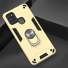 Silicone Matte Finish and Plastic Back Cover Case with Magnetic Finger Ring Stand S02 for Samsung Galaxy A21s Gold