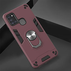 Silicone Matte Finish and Plastic Back Cover Case with Magnetic Finger Ring Stand S02 for Samsung Galaxy A21s Red Wine