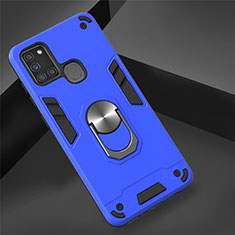 Silicone Matte Finish and Plastic Back Cover Case with Magnetic Finger Ring Stand S02 for Samsung Galaxy A21s Sky Blue