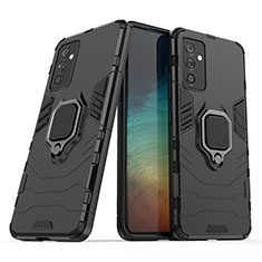 Silicone Matte Finish and Plastic Back Cover Case with Magnetic Finger Ring Stand S02 for Samsung Galaxy A82 5G Black