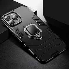 Silicone Matte Finish and Plastic Back Cover Case with Magnetic Finger Ring Stand S03 for Apple iPhone 13 Pro Black