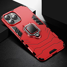 Silicone Matte Finish and Plastic Back Cover Case with Magnetic Finger Ring Stand S03 for Apple iPhone 13 Pro Red