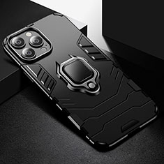 Silicone Matte Finish and Plastic Back Cover Case with Magnetic Finger Ring Stand S03 for Apple iPhone 14 Pro Max Black