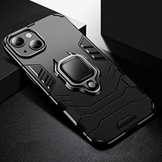 Silicone Matte Finish and Plastic Back Cover Case with Magnetic Finger Ring Stand S03 for Apple iPhone 15 Plus Black