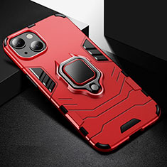 Silicone Matte Finish and Plastic Back Cover Case with Magnetic Finger Ring Stand S03 for Apple iPhone 15 Plus Red