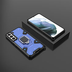 Silicone Matte Finish and Plastic Back Cover Case with Magnetic Finger Ring Stand S03 for Samsung Galaxy S22 Plus 5G Blue