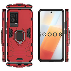 Silicone Matte Finish and Plastic Back Cover Case with Magnetic Finger Ring Stand S03 for Vivo iQOO 8 5G Red