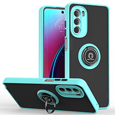Silicone Matte Finish and Plastic Back Cover Case with Magnetic Finger Ring Stand S04 for Motorola Moto G Stylus (2022) 4G Cyan
