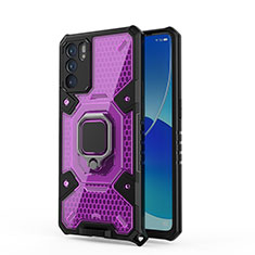 Silicone Matte Finish and Plastic Back Cover Case with Magnetic Finger Ring Stand S04 for Oppo Reno6 5G Purple