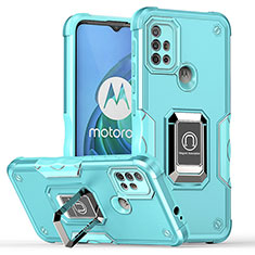 Silicone Matte Finish and Plastic Back Cover Case with Magnetic Finger Ring Stand S05 for Motorola Moto G10 Cyan