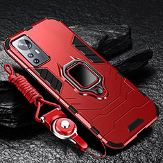 Silicone Matte Finish and Plastic Back Cover Case with Magnetic Finger Ring Stand S05 for Xiaomi Mi 12 5G Red