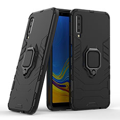 Silicone Matte Finish and Plastic Back Cover Case with Magnetic Finger Ring Stand S06 for Samsung Galaxy A7 (2018) A750 Black