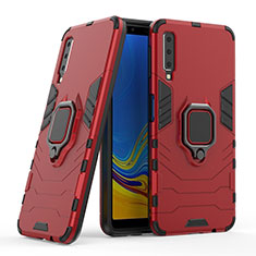 Silicone Matte Finish and Plastic Back Cover Case with Magnetic Finger Ring Stand S06 for Samsung Galaxy A7 (2018) A750 Red