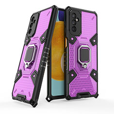 Silicone Matte Finish and Plastic Back Cover Case with Magnetic Finger Ring Stand S06 for Samsung Galaxy M52 5G Purple