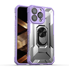 Silicone Matte Finish and Plastic Back Cover Case with Magnetic Finger Ring Stand S08 for Apple iPhone 15 Pro Max Purple