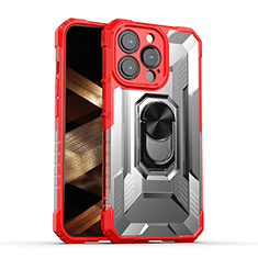 Silicone Matte Finish and Plastic Back Cover Case with Magnetic Finger Ring Stand S08 for Apple iPhone 15 Pro Max Red