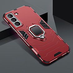 Silicone Matte Finish and Plastic Back Cover Case with Magnetic Finger Ring Stand S08 for Samsung Galaxy S21 5G Red