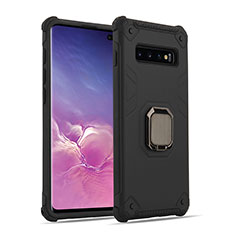 Silicone Matte Finish and Plastic Back Cover Case with Magnetic Finger Ring Stand T01 for Samsung Galaxy S10 5G Black