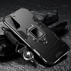 Silicone Matte Finish and Plastic Back Cover Case with Magnetic Finger Ring Stand T06 for Samsung Galaxy S21 5G Black
