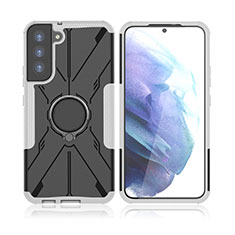 Silicone Matte Finish and Plastic Back Cover Case with Magnetic Finger Ring Stand T09 for Samsung Galaxy S23 Plus 5G Gray