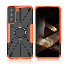 Silicone Matte Finish and Plastic Back Cover Case with Magnetic Finger Ring Stand T09 for Samsung Galaxy S24 Plus 5G Orange