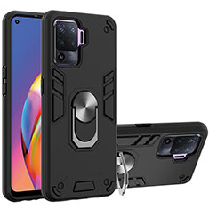 Silicone Matte Finish and Plastic Back Cover Case with Magnetic Finger Ring Stand Y01B for Oppo F19 Pro Black