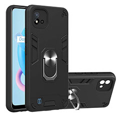 Silicone Matte Finish and Plastic Back Cover Case with Magnetic Finger Ring Stand Y01B for Realme C20 Black