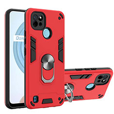 Silicone Matte Finish and Plastic Back Cover Case with Magnetic Finger Ring Stand Y01B for Realme C21 Red