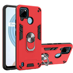 Silicone Matte Finish and Plastic Back Cover Case with Magnetic Finger Ring Stand Y01B for Realme C21Y Red