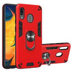 Silicone Matte Finish and Plastic Back Cover Case with Magnetic Finger Ring Stand Y01B for Samsung Galaxy A20 Red