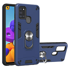 Silicone Matte Finish and Plastic Back Cover Case with Magnetic Finger Ring Stand Y01B for Samsung Galaxy A21s Blue