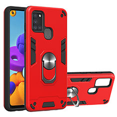 Silicone Matte Finish and Plastic Back Cover Case with Magnetic Finger Ring Stand Y01B for Samsung Galaxy A21s Red