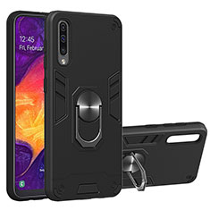 Silicone Matte Finish and Plastic Back Cover Case with Magnetic Finger Ring Stand Y01B for Samsung Galaxy A30S Black