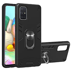 Silicone Matte Finish and Plastic Back Cover Case with Magnetic Finger Ring Stand Y01B for Samsung Galaxy A71 5G Black