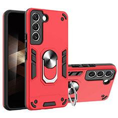 Silicone Matte Finish and Plastic Back Cover Case with Magnetic Finger Ring Stand Y01B for Samsung Galaxy S25 Plus 5G Red