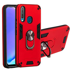 Silicone Matte Finish and Plastic Back Cover Case with Magnetic Finger Ring Stand Y01B for Vivo Y12 Red