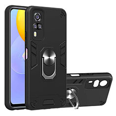Silicone Matte Finish and Plastic Back Cover Case with Magnetic Finger Ring Stand Y01B for Vivo Y31 (2021) Black