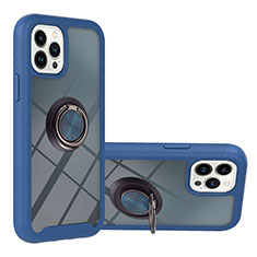 Silicone Matte Finish and Plastic Back Cover Case with Magnetic Finger Ring Stand YB1 for Apple iPhone 13 Pro Blue